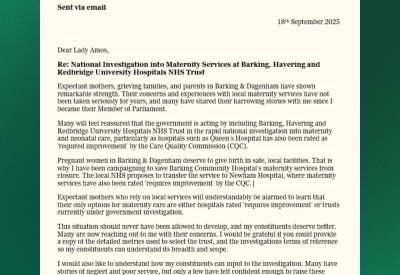 A letter from Nesil Caliskan, MP for Barking, to Baroness Amos regarding the maternity services national investigation