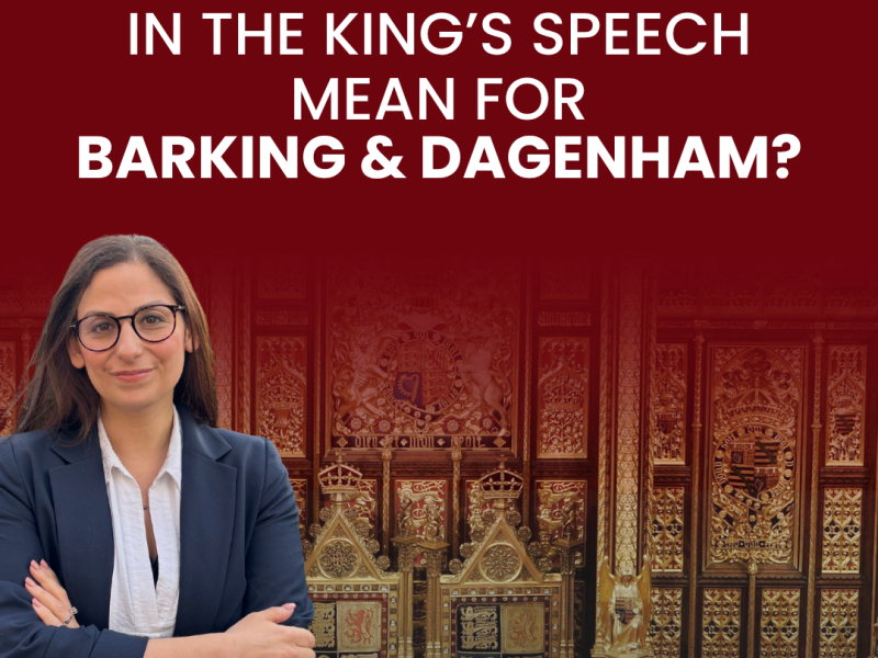 A dark red graphic of Nesil Caliskan saying 'what does the Labour government's agenda in the King's Speech mean for Barking & Dagenham'.